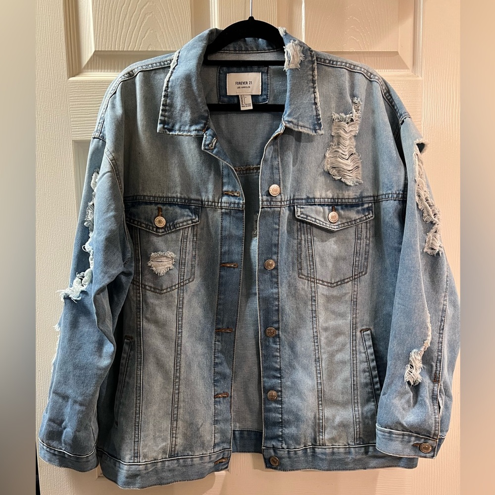 Forever 21 Los Angeles, Distressed Oversized Denim Jacket Size L